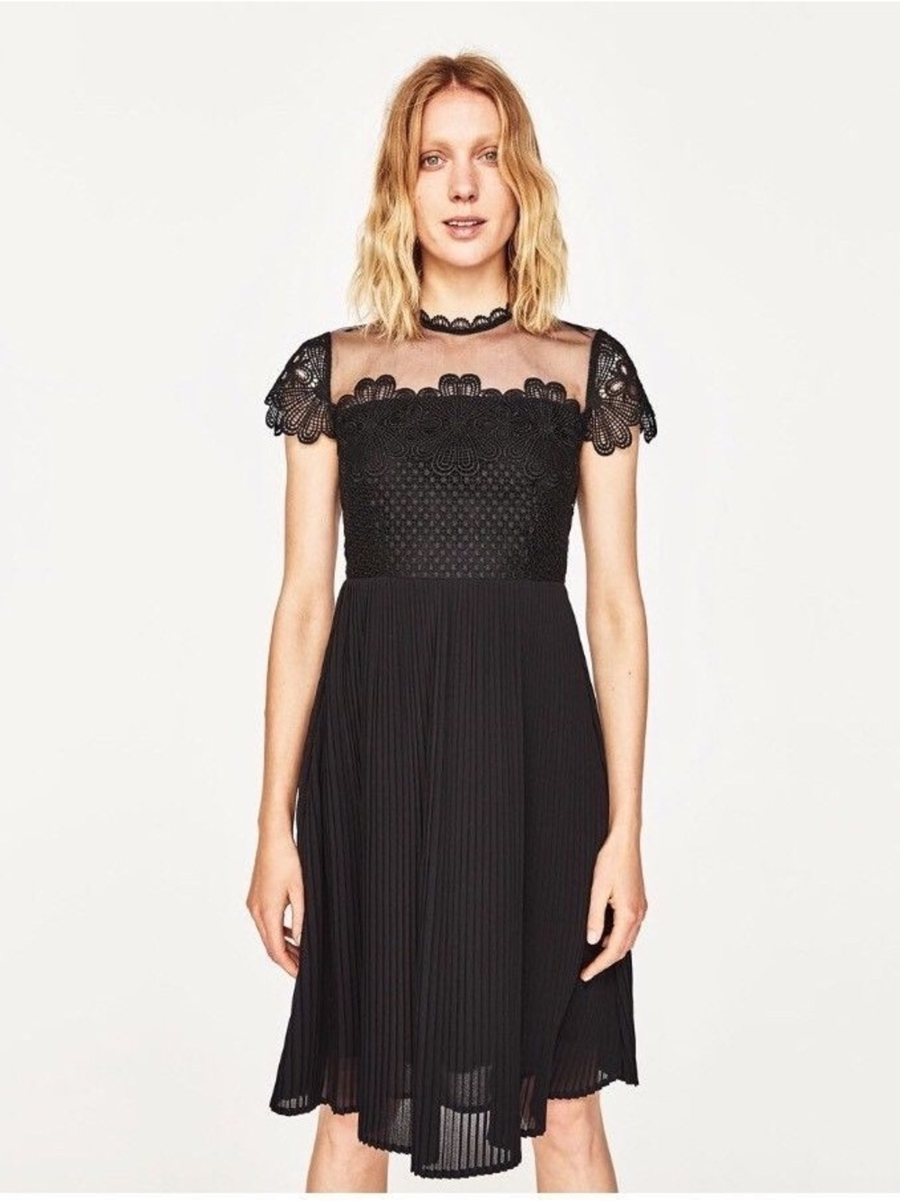 Zara trf Black Lace & Mesh Pleated Midi Dress Small NWT